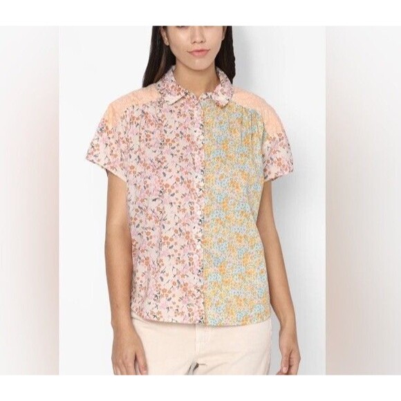 American Eagle Shirt Women S Patchwork Floral Cotton Oversize Button-Up Boho Y2K - Picture 1 of 12